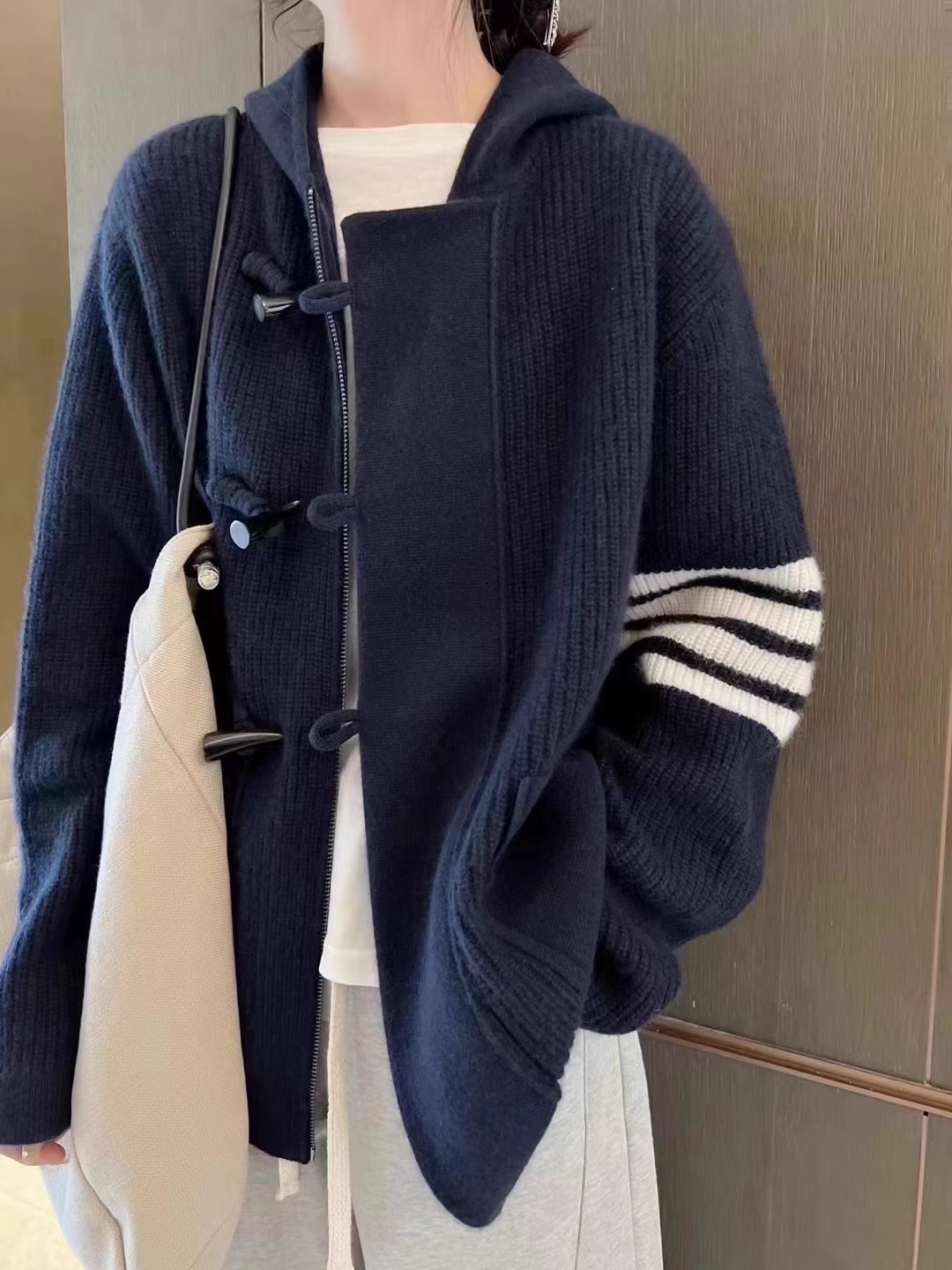 Wool Coat Peacoat - TB knitted cardigan women's hooded 100%