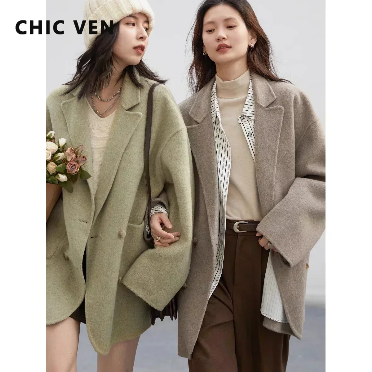 Wool Coat Peacoat - CHIC VEN Women's Woolen Coats Loose