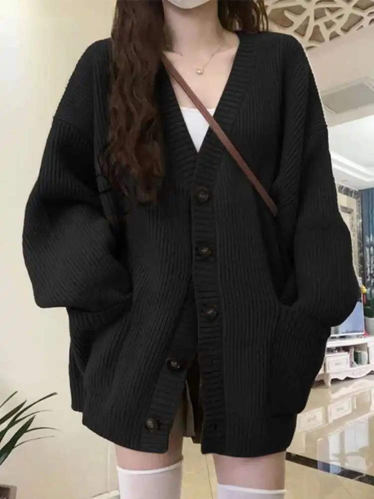 Wool Coat Peacoat - Loose Cardigan Women Long Sleeve V-neck